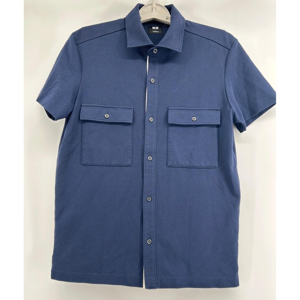THEORY x UNIQLO Dry Pique Shirt Short Sleeve Button Mens Navy White Trim Sz S